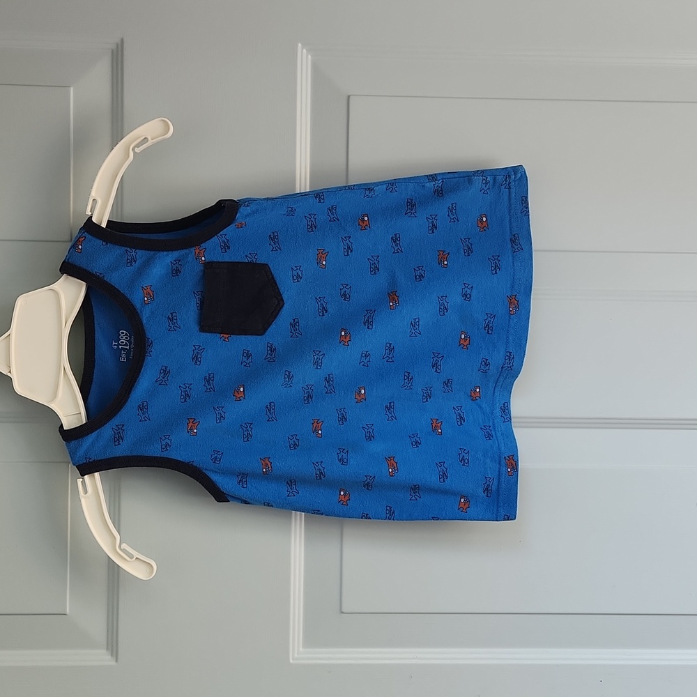 EST.1989, Boy's Sz 4T, Royal Blue with Orange & Black Outline Sharks